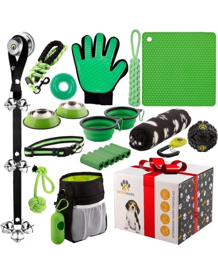 Puppy Starter Kit - Supplies, Accessories, 23 pc Set with Feeding Bowls, Lick Mat, Teaching Aids, Leash, Collar, Toys, Potty Training Bells & More for