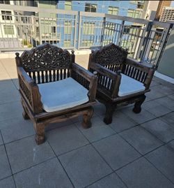 Pair of Hand-Carved Traditional Indian Deewan / Maharaja Armchairs – Solid Wood Boho Accent Chairs