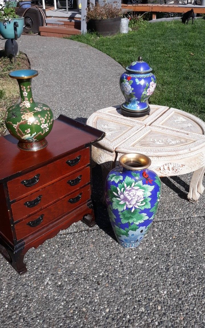 Large Cloisonei Chinese Enamel Vases Set Of 3 Enamel On Brass