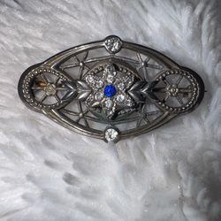 Antique Edwardian Filigree Brooch /Bar Pin, Sapphire Stone, Signed SCO
