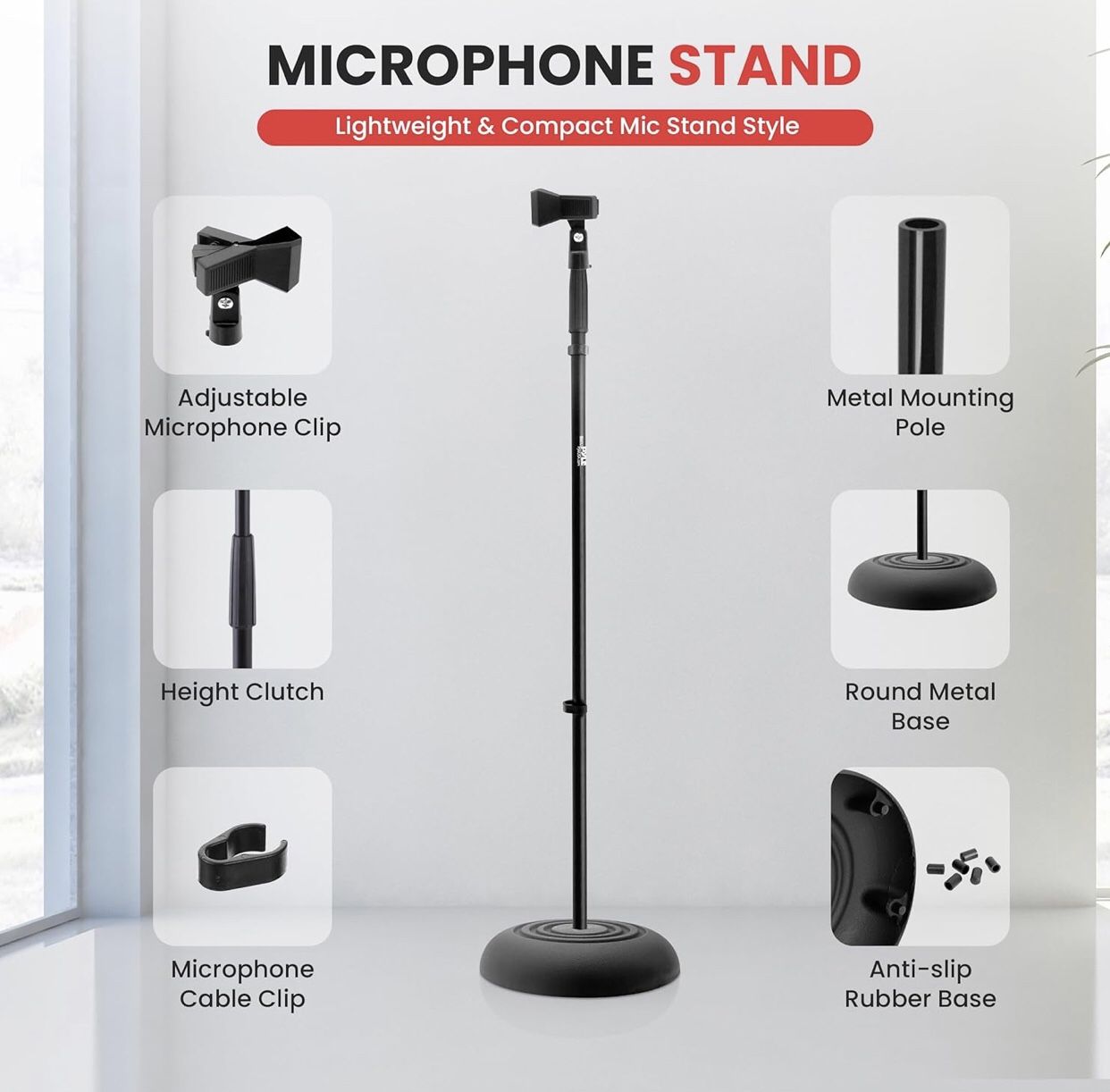 NEW! Pyle Adjustable Microphone Stand - Universal Mic Stand with Compact Heavy Base, Floor Standing Design, Height Adjustable, Pivot Angle Clip for Si