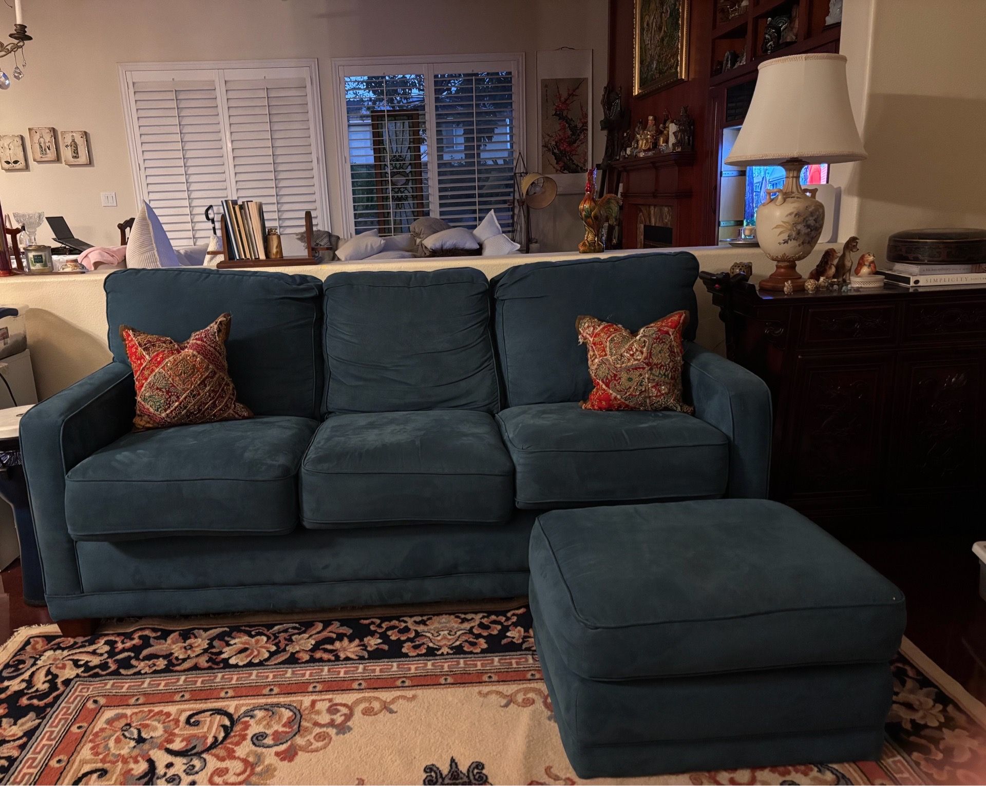 Turquoise La-z-Boy Couch plus Ottoman