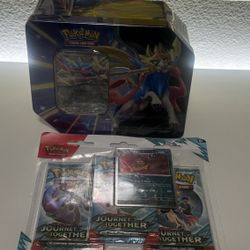 New. Pokemon Tin  and Journey Together 3 Pack Bundle 