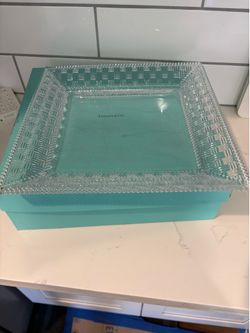 Tiffany & Co. Clear Glass Square Serving Tray / Platter – Basketweave Border