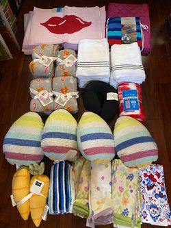 Brand new household items-3 for $10 or all for $100. Over 100 items. Price is firm. Bath towels, blankets, travel pillow, hand towel sets, beach towel
