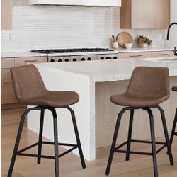 Set of 2 Swivel Bar Stools, 26 Inch Counter Height Bar Stools, Faux Leather, Vintage Brown