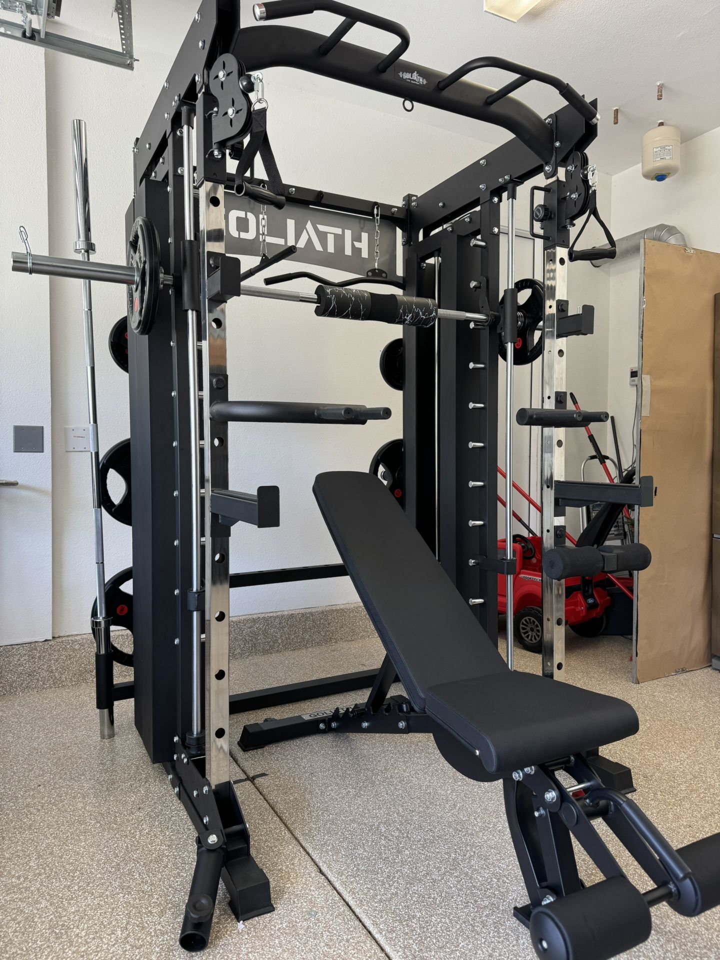 Smith Machine, Pulley System, Power Rack, Rubber Weights, Dumbbells 