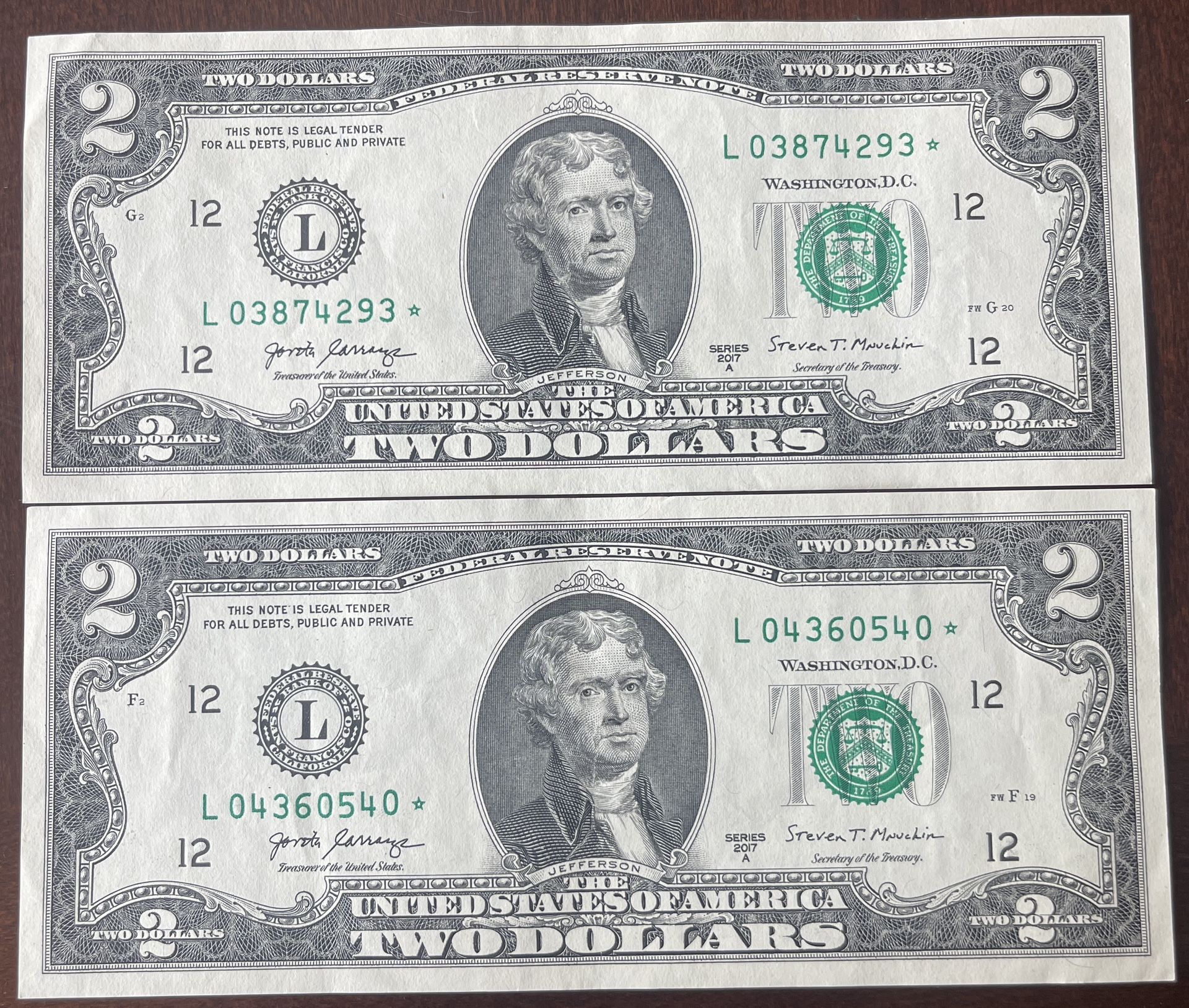 $2 Dollar Star Note Bills