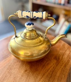 Vintage Brass Teapot / Kettle with Blue & White Porcelain Handle & Knob
