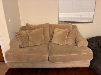Tan Microfiber Loveseat with Throw Pillows