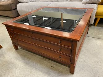 BOB TIMBERLAKE Lexington Solid Cherry Glass Top Display Coffee Table with 3 Dual Sided Drawers and Key