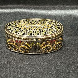 Vintage Oval Swarovski Crystal Brass Enamel Trinket Box