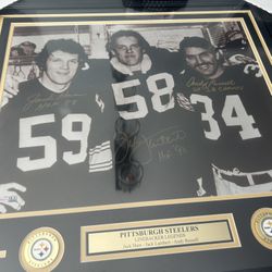 Jack Ham,Jack Lambert & Andy Russell Signed Steelers 29x32 Custom Framed Photo