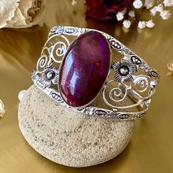 Rare ❗️Pink Flash Labradorite 925 Sterling Silver Overlay Adjustable Cuff