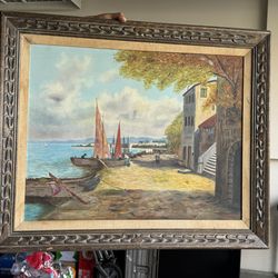 Large Framed Coastal Painting – Sailboats & Harbor Scene, Beautiful Decor