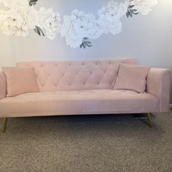 Pink Velvet Plush Couch + Futon Bed