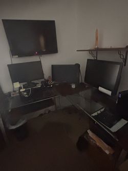 L-Shaped Glass & Wood Desk w/side cabinet and TV