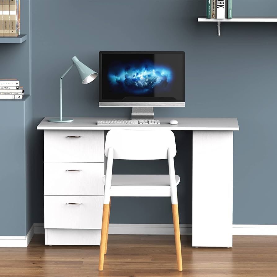 47" Modern Home Office Computer Desk Bookcase Combo Writing Table Workstation with 3 Drawer and Storage Shelf - White