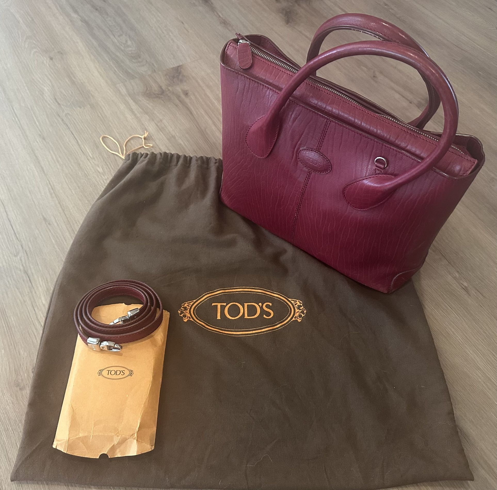 TODS D-Bag Burgundy Leather Satchel Bag Purse
