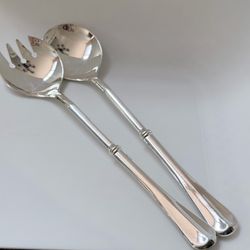 Italy Silverplate Flatware 2pc Solid Salad Set 9 3/8” Glossy Center Ridge