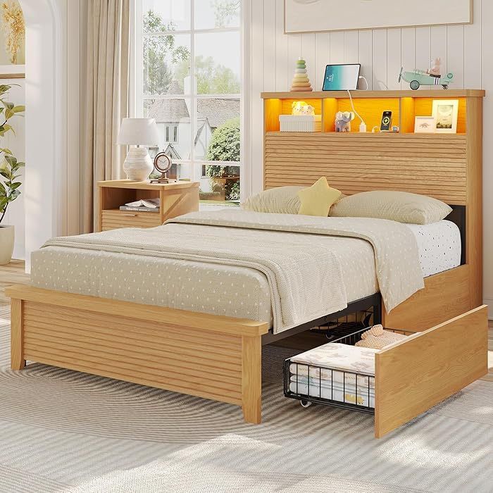 Queen size Bed Frames with 4 Storage Drawers and Charging Station, Fluted Led Twin Bed with 2 Tier Storage Headboard, No Box Spring Needed,Wood