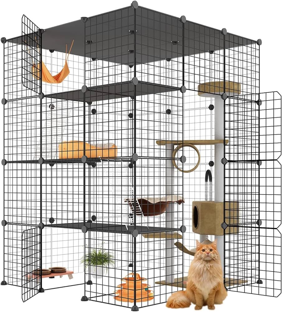 Large Cat Cage, Cat Enclosures Indoor with Balcony, DIY Cat Playpen Detachable Metal Wire Kennels Crate 3x3x4 Large Exercise Place Ideal for 1-3 Cat  