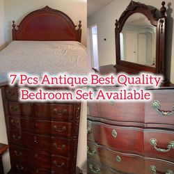 Antique Wooden Bedroom Sets - King Size 7 Pcs with Chest, Dresser Mirror, Box Spring, Light stand