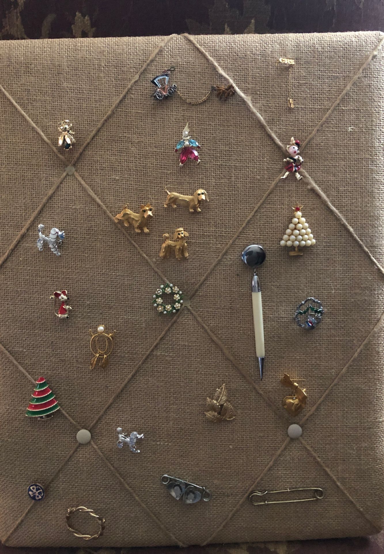 Vintage pin collection, burlap board included
