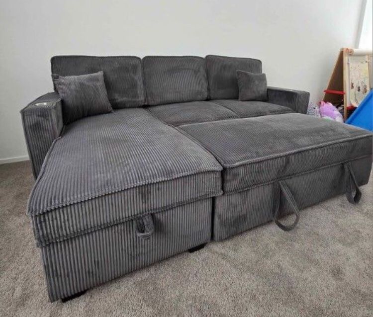 Dark Gray Sectional Sofa W/ Pull -out Bed & Storage ✅ $375 No Tax
