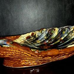 Vintage Colorful Midcentury Modern Pottery Peacock Dish 15" x 8.5" x 8"