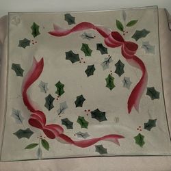 Vintage Christmas/Holiday Holly Theme Glass Platter
