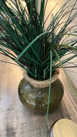 Faux Grass in Rustic Green Ceramic Vase / Pot - 18" Tall Home Decor