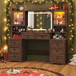 60" Farmhouse Vanity Desk with Outlet, Mirror Lights, Tempered Glass Top, Big Makeup Vanity Table with 2 RGB Glass Cabinets, 60000-color LED Lights, W