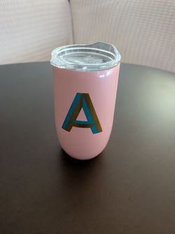Monogrammed "A" pink metal travel tumbler with lid