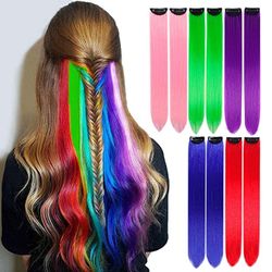 Colored Clip In Hair Extension 20Inch Colorful Rainbow Hair Extensions Synthetic Rainbow Straight Hairpieces
