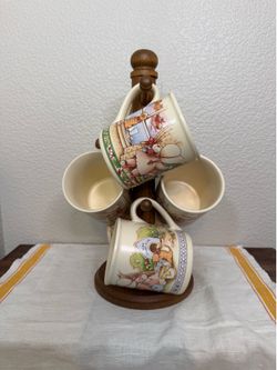 Set of 6 with wood tree, The Vintage 1990 Collectors Country Kids Watkins Complete Mug Set