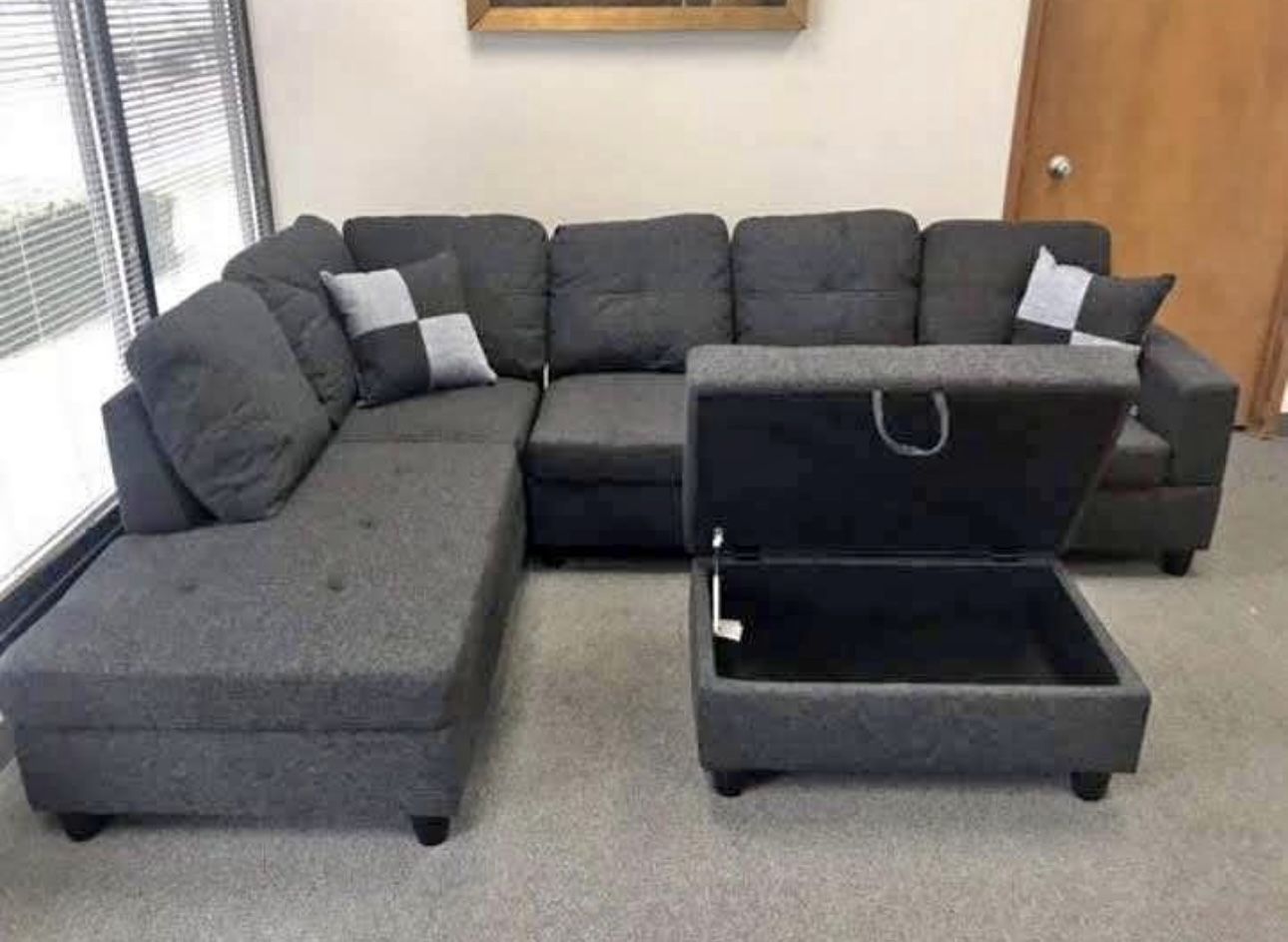 Charcoal Linen Sectional Couch And Ottoman