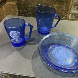 Vintage Shirley Temple Atlas Cobalt Blue Cereal Bowl, Pitcher and Cup