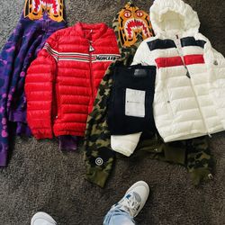 Purple bape, Red moncler, Green bape, White moncler puffer