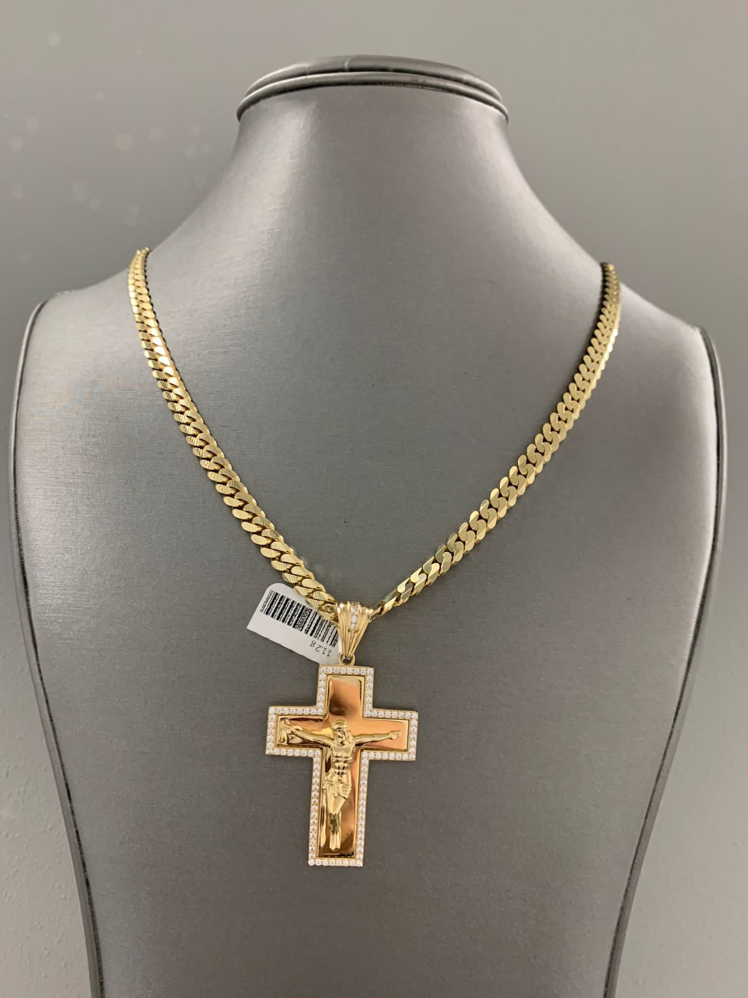 Cadena Corte Brillo Y Dije De Cruz En 10k Y 14k
