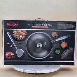 New Parini Non Stick Wok Pan W/ Glass Lid & Spatula 12.5 Stainless Steel Black