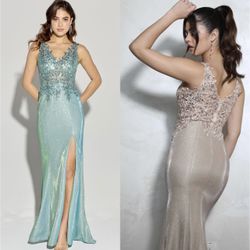 New With Tags Mesh Bodice Sparkly Stretch Long Formal Dress & Prom Dress $170