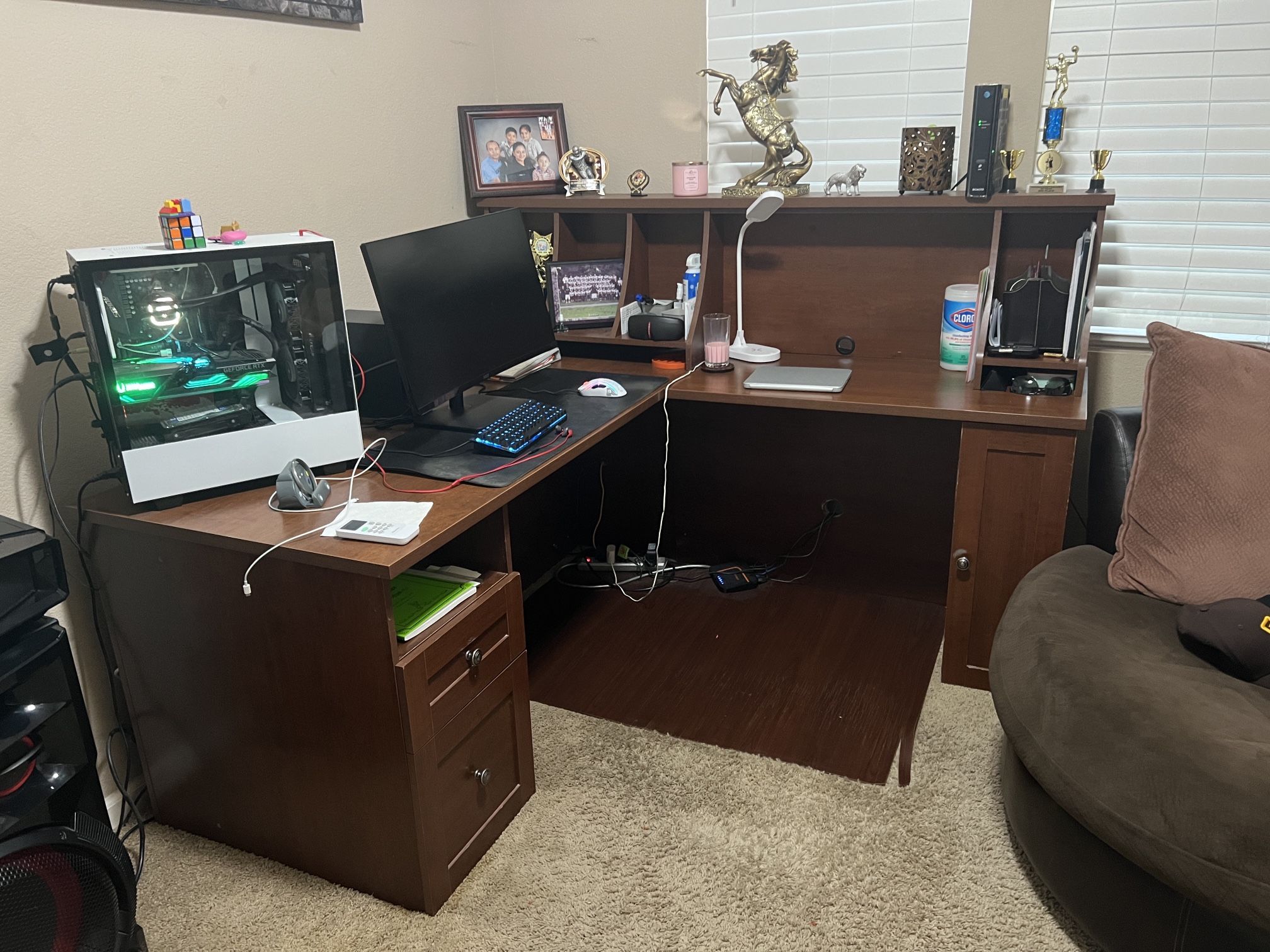 L-Shaped Desk with Hutch, Drawers, and Cabinet – 69”x65” – Great Condition