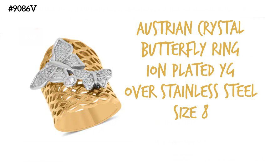 Unique Butterfly Ring with Crystals, ION Plated YG