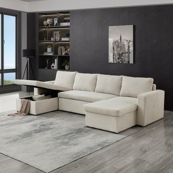 Pull Out Sleeper Sectional Sofa Beige Storage Chaise Lounge Sofa