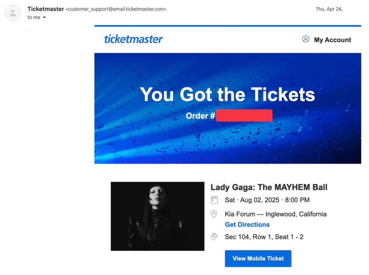 Lady Gaga Kia Forum Saturday August 2nd - Front Row Aisle