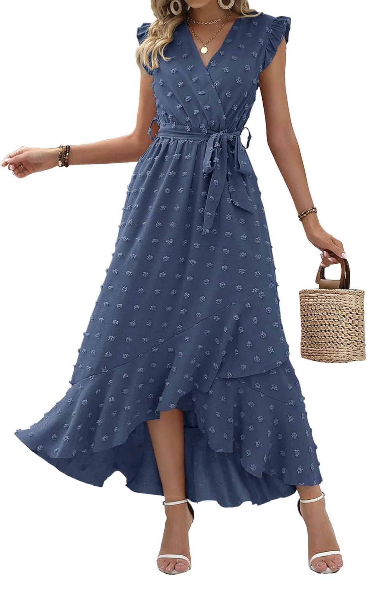 BTFBM Women V Neck Summer Dress 2025 Cap Sleeve Swiss Dot Boho Flowy Ruffle Slit Beach Party Long Maxi Cocktail Dresses