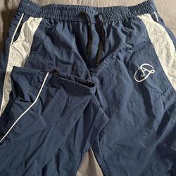 Aelfric???  blue nylon track pants with white stripe