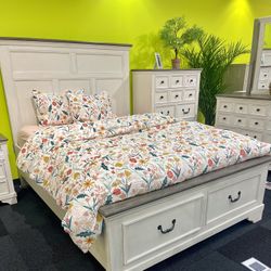 Farmhouse Bedroom Set - Queen Size Storage Bed Dresser Mirror Nightstand $1799