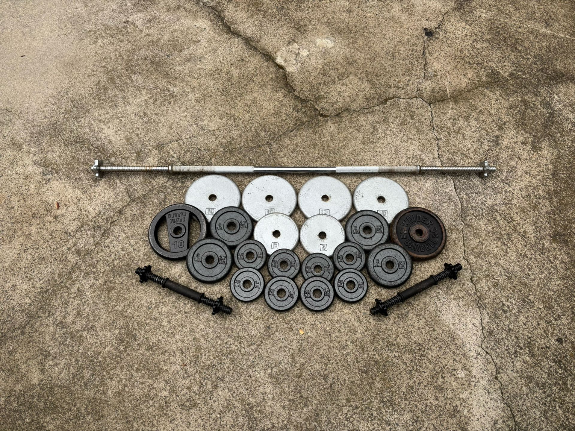 Complete Standard Weight Set 114lbs w/ (2) Adj. Dumbbells + Barbell